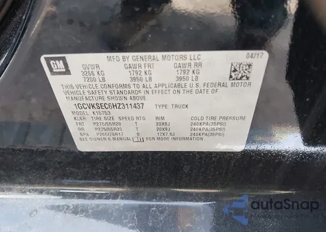 2017 Chevrolet Silverado 1500 1Lz z USA, uszkodzony, nr VIN 1GCVKSEC6HZ311437